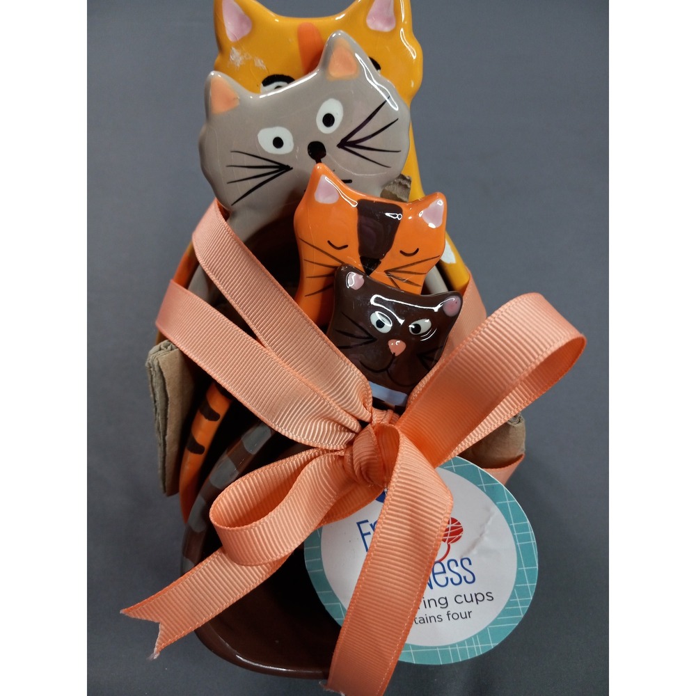 Boston Warehouse Frisky Business Cat Measuring Cups Set of 4 Ceramic Orange Grey